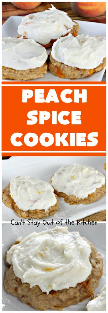 Peach Spice Cookies | Can't Stay Out of the Kitchen | these awesome #cookies are heavenly. They're filled with #peaches, #almonds & #cinnamon & have a lavish #lemon buttercream frosting. They're wonderful for any kind of party or potluck. #dessert #peachdessert