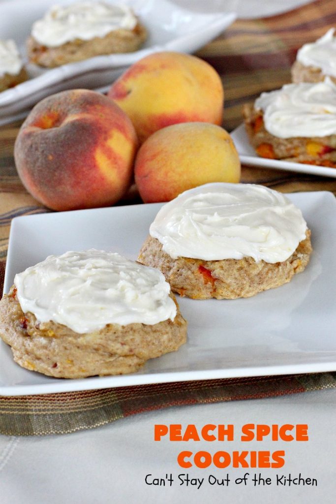 Peach Spice Cookies | Can't Stay Out of the Kitchen | these awesome #cookies are heavenly. They're filled with #peaches, #almonds & #cinnamon & have a lavish #lemon buttercream frosting. They're wonderful for any kind of party or potluck. #dessert #peachdessert