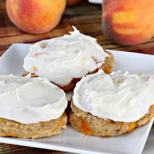 Peach Spice Cookies | Can't Stay Out of the Kitchen | these awesome #cookies are heavenly. They're filled with #peaches, #almonds & #cinnamon & have a lavish #lemon buttercream frosting. They're wonderful for any kind of party or potluck. #dessert #peachdessert