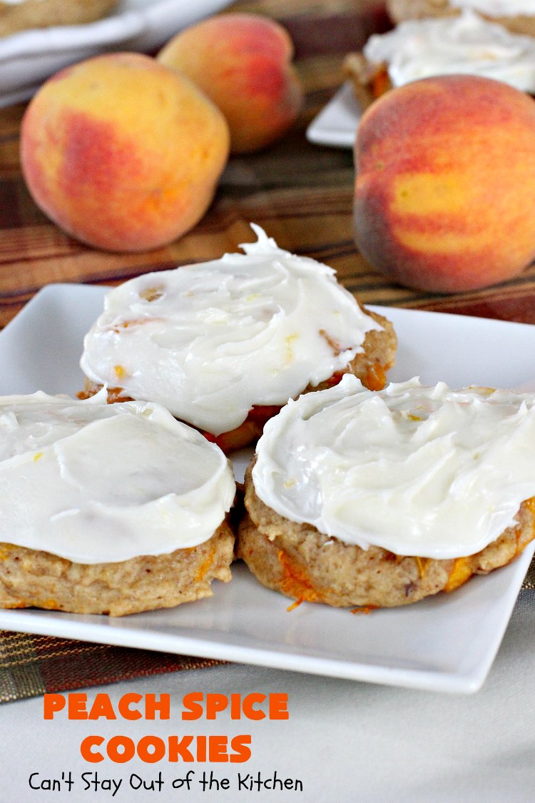Peach Spice Cookies | Can't Stay Out of the Kitchen | these awesome #cookies are heavenly. They're filled with #peaches, #almonds & #cinnamon & have a lavish #lemon buttercream frosting. They're wonderful for any kind of party or potluck. #dessert #peachdessert