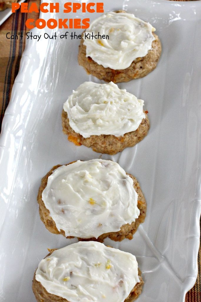 Peach Spice Cookies | Can't Stay Out of the Kitchen | these awesome #cookies are heavenly. They're filled with #peaches, #almonds & #cinnamon & have a lavish #lemon buttercream frosting. They're wonderful for any kind of party or potluck. #dessert #peachdessert