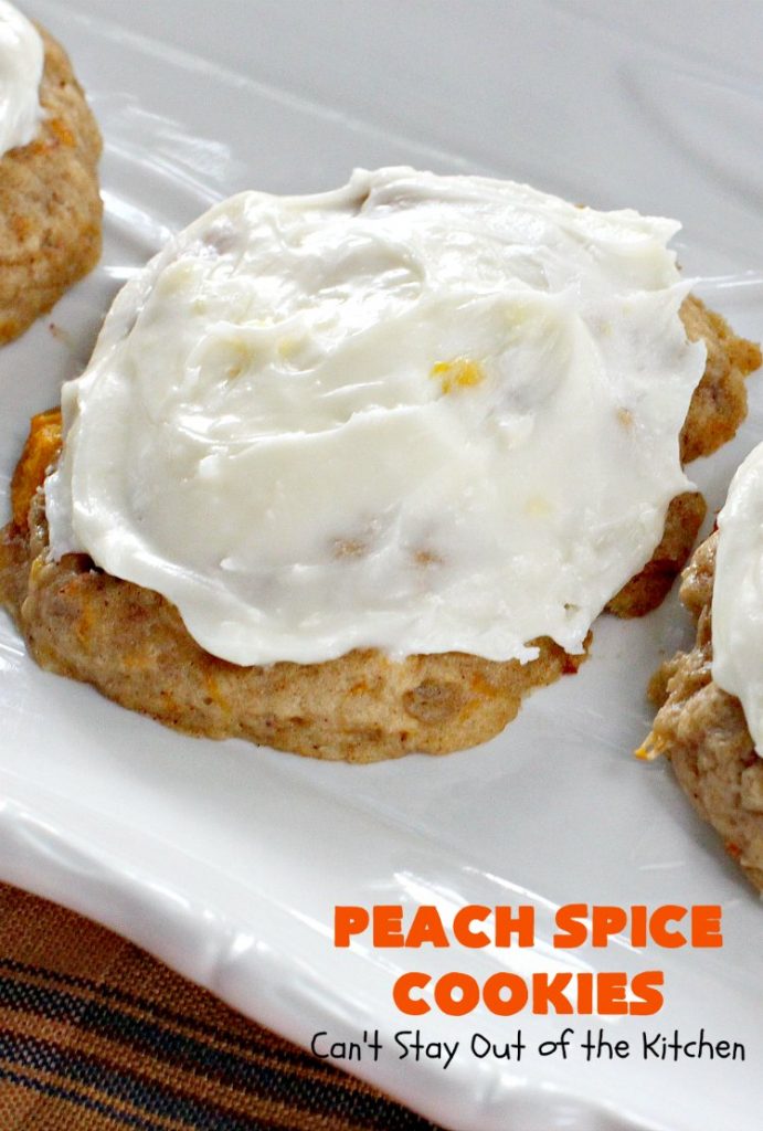 Peach Spice Cookies | Can't Stay Out of the Kitchen | these awesome #cookies are heavenly. They're filled with #peaches, #almonds & #cinnamon & have a lavish #lemon buttercream frosting. They're wonderful for any kind of party or potluck. #dessert #peachdessert