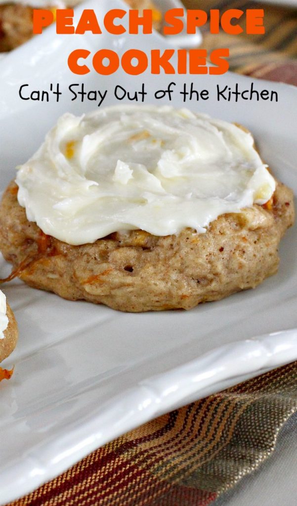 Peach Spice Cookies | Can't Stay Out of the Kitchen | these awesome #cookies are heavenly. They're filled with #peaches, #almonds & #cinnamon & have a lavish #lemon buttercream frosting. They're wonderful for any kind of party or potluck. #dessert #peachdessert