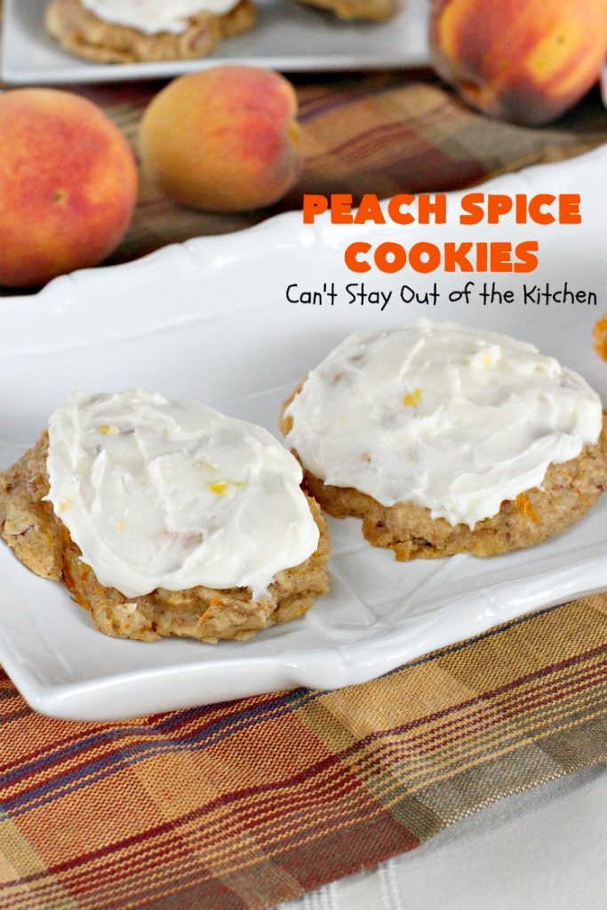 Peach Spice Cookies | Can't Stay Out of the Kitchen | these awesome #cookies are heavenly. They're filled with #peaches, #almonds & #cinnamon & have a lavish #lemon buttercream frosting. They're wonderful for any kind of party or potluck. #dessert #peachdessert