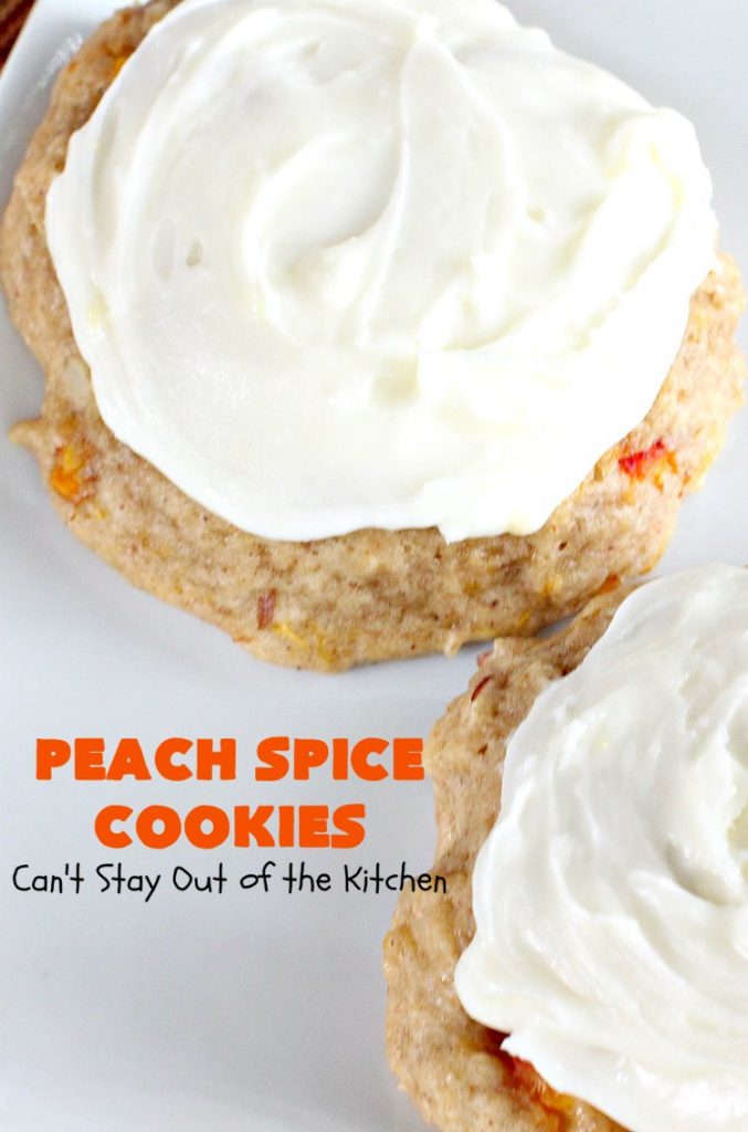 Peach Spice Cookies | Can't Stay Out of the Kitchen | these awesome #cookies are heavenly. They're filled with #peaches, #almonds & #cinnamon & have a lavish #lemon buttercream frosting. They're wonderful for any kind of party or potluck. #dessert #peachdessert