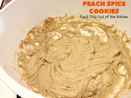 Peach Spice Cookies | Can't Stay Out of the Kitchen | these awesome #cookies are heavenly. They're filled with #peaches, #almonds & #cinnamon & have a lavish #lemon buttercream frosting. They're wonderful for any kind of party or potluck. #dessert #peachdessert