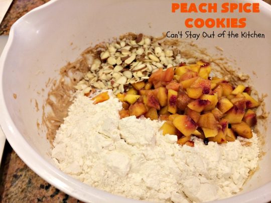 Peach Spice Cookies | Can't Stay Out of the Kitchen | these awesome #cookies are heavenly. They're filled with #peaches, #almonds & #cinnamon & have a lavish #lemon buttercream frosting. They're wonderful for any kind of party or potluck. #dessert #peachdessert