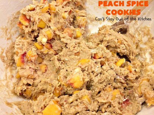 Peach Spice Cookies | Can't Stay Out of the Kitchen | these awesome #cookies are heavenly. They're filled with #peaches, #almonds & #cinnamon & have a lavish #lemon buttercream frosting. They're wonderful for any kind of party or potluck. #dessert #peachdessert