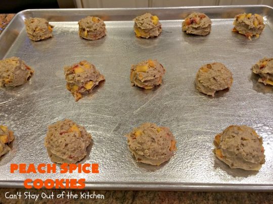 Peach Spice Cookies | Can't Stay Out of the Kitchen | these awesome #cookies are heavenly. They're filled with #peaches, #almonds & #cinnamon & have a lavish #lemon buttercream frosting. They're wonderful for any kind of party or potluck. #dessert #peachdessert