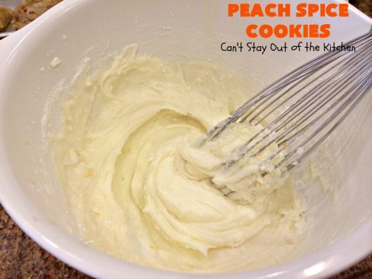 Peach Spice Cookies | Can't Stay Out of the Kitchen | these awesome #cookies are heavenly. They're filled with #peaches, #almonds & #cinnamon & have a lavish #lemon buttercream frosting. They're wonderful for any kind of party or potluck. #dessert #peachdessert