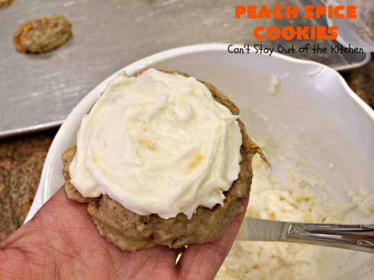 Peach Spice Cookies | Can't Stay Out of the Kitchen | these awesome #cookies are heavenly. They're filled with #peaches, #almonds & #cinnamon & have a lavish #lemon buttercream frosting. They're wonderful for any kind of party or potluck. #dessert #peachdessert