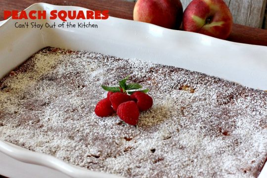 Peach Squares | Can't Stay Out of the Kitchen | this awesome #recipe can't be beat! If you enjoy #peaches, you'll love them in this amazing #dessert. #cookies #PeachDessert #PeachSquares #walnuts