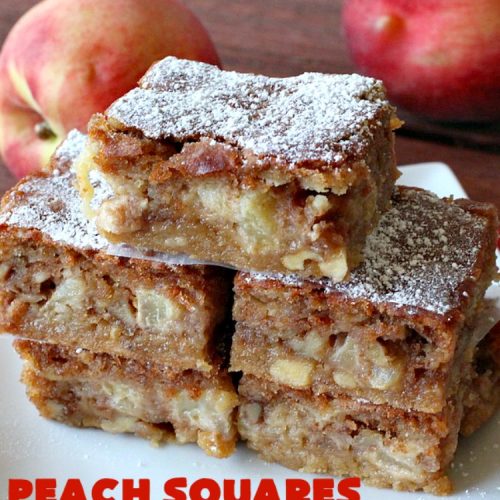 Peach Squares | Can't Stay Out of the Kitchen | this awesome #recipe can't be beat! If you enjoy #peaches, you'll love them in this amazing #dessert. #cookies #PeachDessert #PeachSquares #walnuts