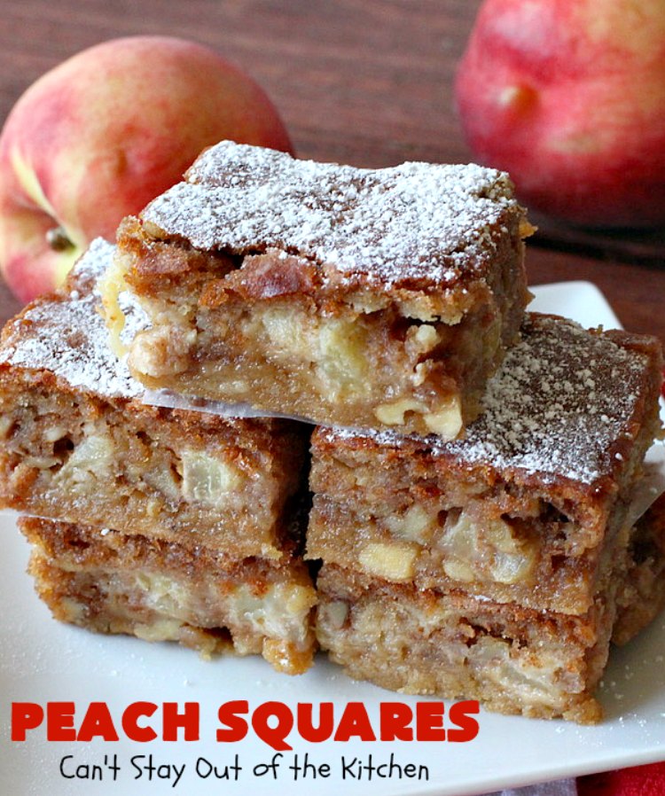Peach Squares | Can't Stay Out of the Kitchen | this awesome #recipe can't be beat! If you enjoy #peaches, you'll love them in this amazing #dessert. #cookies #PeachDessert #PeachSquares #walnuts