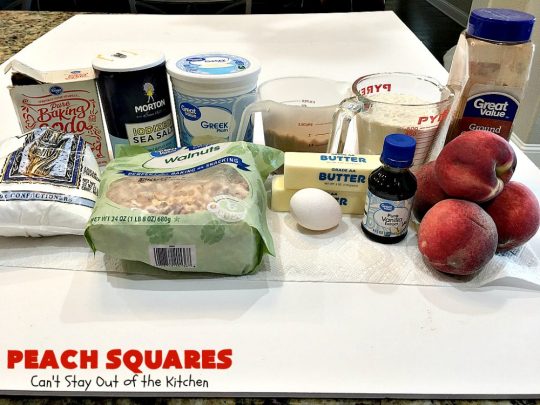 Peach Squares | Can't Stay Out of the Kitchen | this awesome #recipe can't be beat! If you enjoy #peaches, you'll love them in this amazing #dessert. #cookies #PeachDessert #PeachSquares #walnuts
