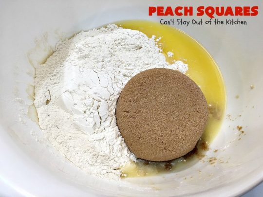Peach Squares | Can't Stay Out of the Kitchen | this awesome #recipe can't be beat! If you enjoy #peaches, you'll love them in this amazing #dessert. #cookies #PeachDessert #PeachSquares #walnuts