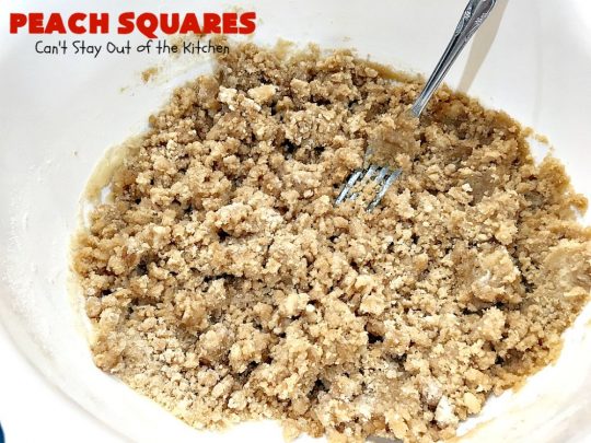 Peach Squares | Can't Stay Out of the Kitchen | this awesome #recipe can't be beat! If you enjoy #peaches, you'll love them in this amazing #dessert. #cookies #PeachDessert #PeachSquares #walnuts