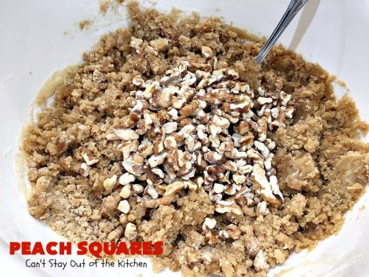 Peach Squares | Can't Stay Out of the Kitchen | this awesome #recipe can't be beat! If you enjoy #peaches, you'll love them in this amazing #dessert. #cookies #PeachDessert #PeachSquares #walnuts