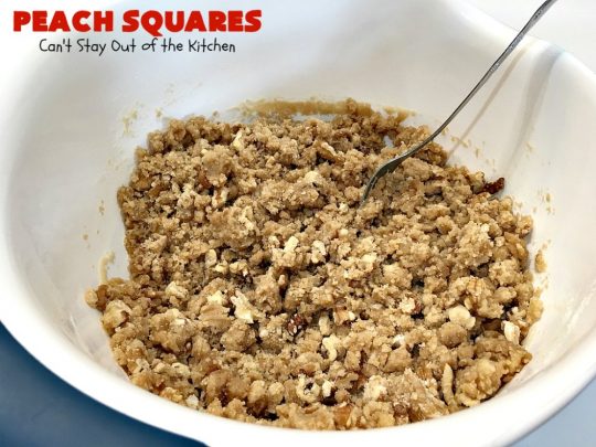Peach Squares | Can't Stay Out of the Kitchen | this awesome #recipe can't be beat! If you enjoy #peaches, you'll love them in this amazing #dessert. #cookies #PeachDessert #PeachSquares #walnuts