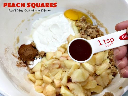 Peach Squares | Can't Stay Out of the Kitchen | this awesome #recipe can't be beat! If you enjoy #peaches, you'll love them in this amazing #dessert. #cookies #PeachDessert #PeachSquares #walnuts