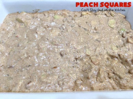Peach Squares | Can't Stay Out of the Kitchen | this awesome #recipe can't be beat! If you enjoy #peaches, you'll love them in this amazing #dessert. #cookies #PeachDessert #PeachSquares #walnuts