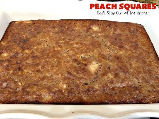 Peach Squares | Can't Stay Out of the Kitchen | this awesome #recipe can't be beat! If you enjoy #peaches, you'll love them in this amazing #dessert. #cookies #PeachDessert #PeachSquares #walnuts
