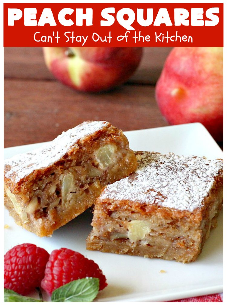 Peach Squares | Can't Stay Out of the Kitchen | this awesome #recipe can't be beat! If you enjoy #peaches, you'll love them in this amazing #dessert. #cookies #PeachDessert #PeachSquares #walnuts