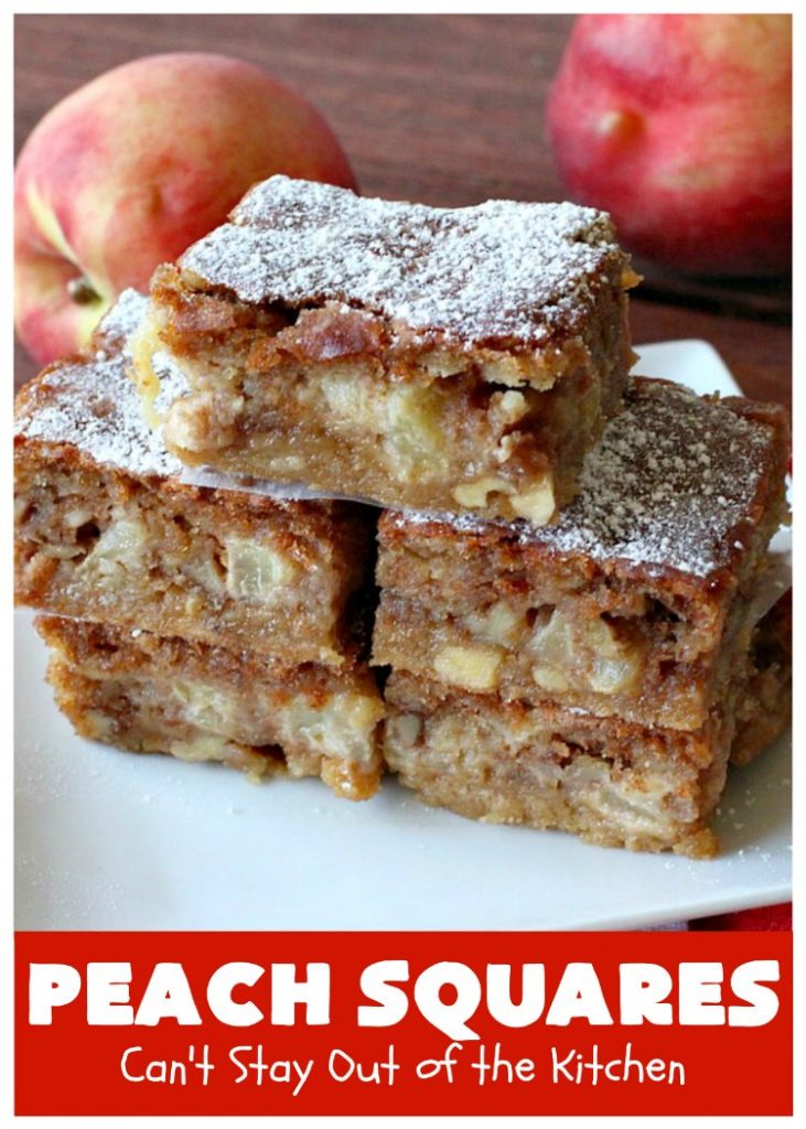 Peach Squares | Can't Stay Out of the Kitchen | this awesome #recipe can't be beat! If you enjoy #peaches, you'll love them in this amazing #dessert. #cookies #PeachDessert #PeachSquares #walnuts