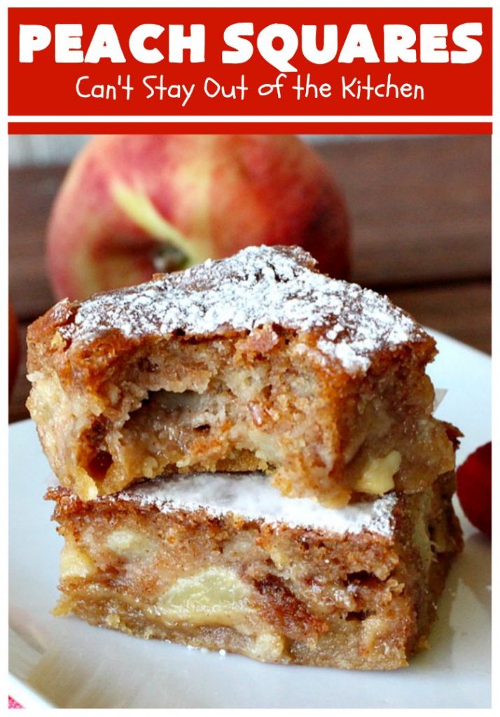 Peach Squares | Can't Stay Out of the Kitchen | this awesome #recipe can't be beat! If you enjoy #peaches, you'll love them in this amazing #dessert. #cookies #PeachDessert #PeachSquares #walnuts