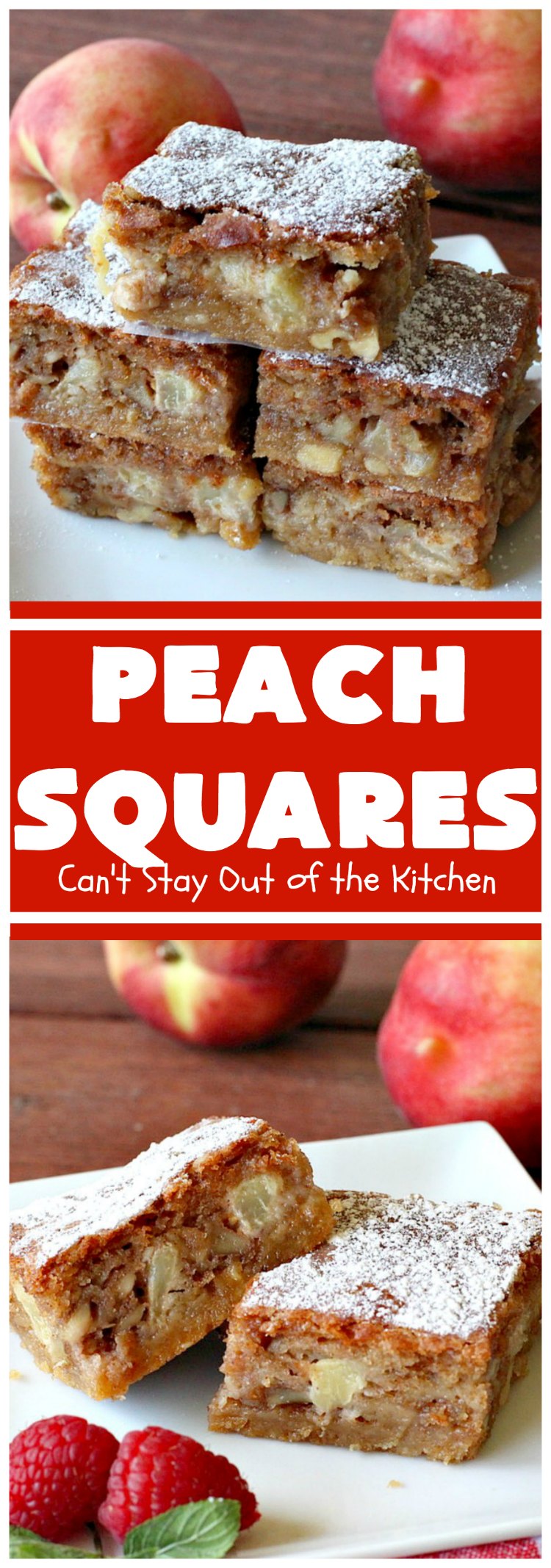 Peach Squares | Can't Stay Out of the Kitchen | this awesome #recipe can't be beat! If you enjoy #peaches, you'll love them in this amazing #dessert. #cookies #PeachDessert #PeachSquares #walnuts