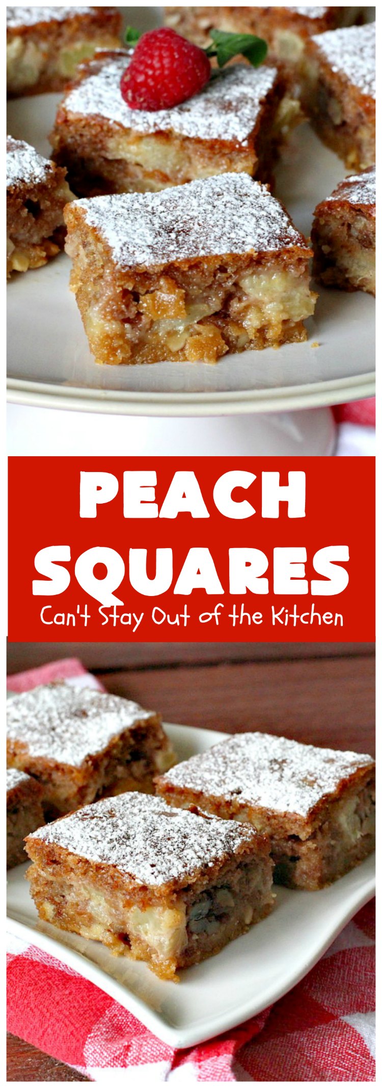 Peach Squares | Can't Stay Out of the Kitchen | this awesome #recipe can't be beat! If you enjoy #peaches, you'll love them in this amazing #dessert. #cookies #PeachDessert #PeachSquares #walnuts