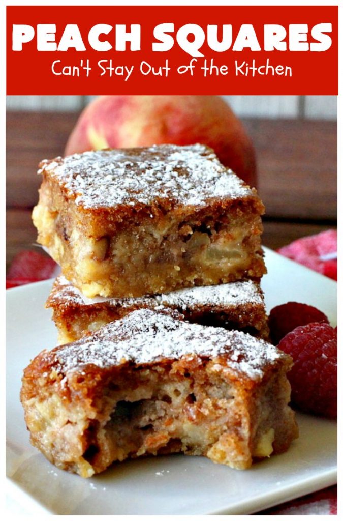 Peach Squares | Can't Stay Out of the Kitchen | this awesome #recipe can't be beat! If you enjoy #peaches, you'll love them in this amazing #dessert. #cookies #PeachDessert #PeachSquares #walnuts