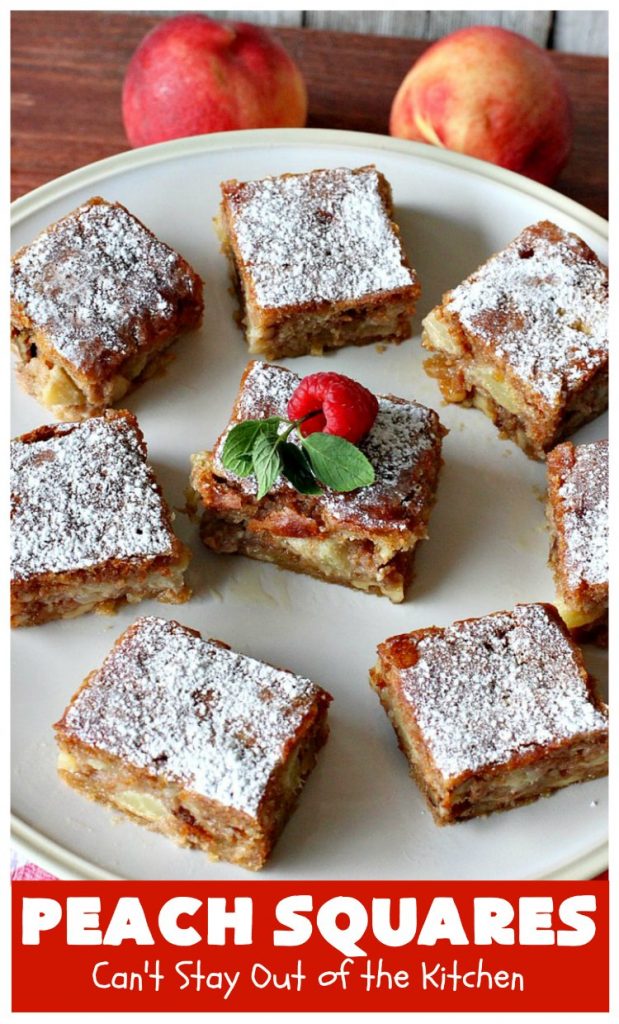 Peach Squares | Can't Stay Out of the Kitchen | this awesome #recipe can't be beat! If you enjoy #peaches, you'll love them in this amazing #dessert. #cookies #PeachDessert #PeachSquares #walnuts