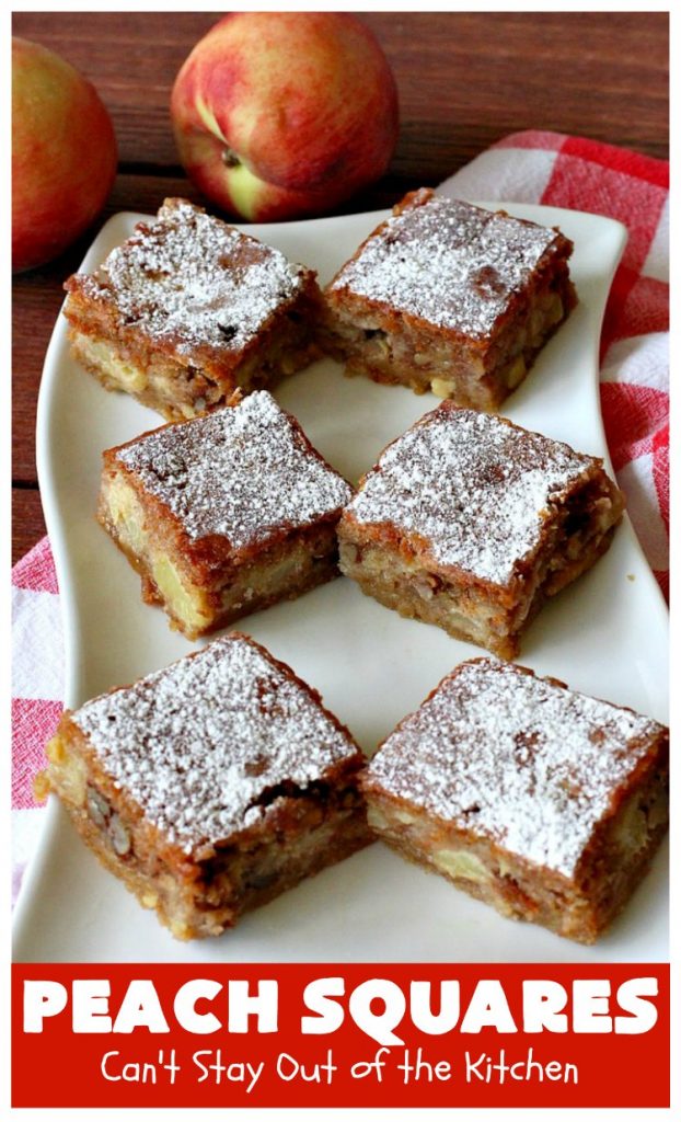 Peach Squares | Can't Stay Out of the Kitchen | this awesome #recipe can't be beat! If you enjoy #peaches, you'll love them in this amazing #dessert. #cookies #PeachDessert #PeachSquares #walnuts
