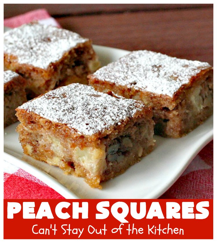 Peach Squares | Can't Stay Out of the Kitchen | this awesome #recipe can't be beat! If you enjoy #peaches, you'll love them in this amazing #dessert. #cookies #PeachDessert #PeachSquares #walnuts