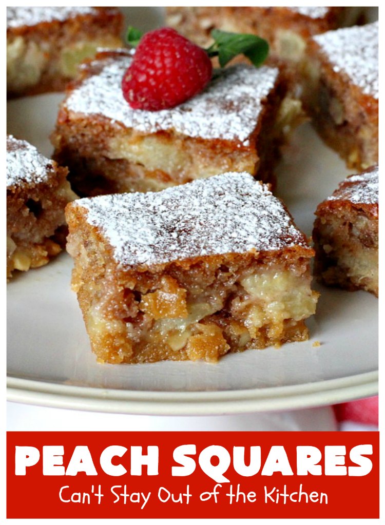 Peach Squares | Can't Stay Out of the Kitchen | this awesome #recipe can't be beat! If you enjoy #peaches, you'll love them in this amazing #dessert. #cookies #PeachDessert #PeachSquares #walnuts