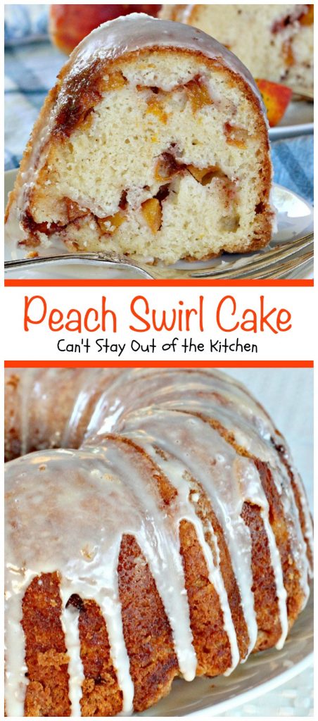 Peach Swirl Cake | Can't Stay Out of the Kitchen | this lovely #cake is fantastic. It has #peaches swirled into the batter and is glazed with vanilla icing. Perfect for company or potlucks. #dessert