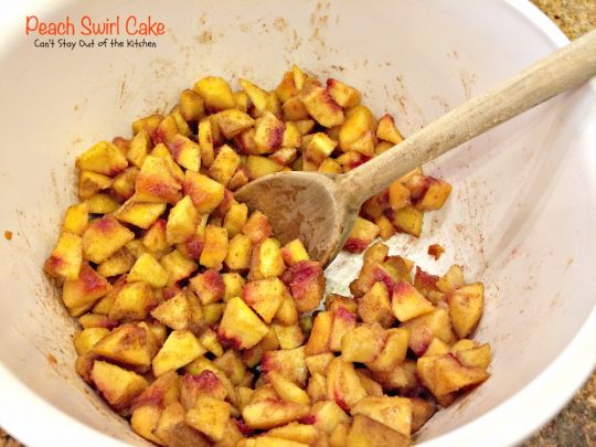 Peach Swirl Cake | Can't Stay Out of the Kitchen | this lovely #cake is fantastic. It has #peaches swirled into the batter and is glazed with vanilla icing. Perfect for company or potlucks. #dessert