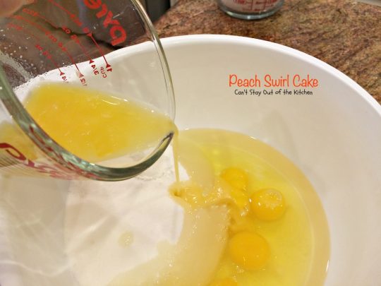 Peach Swirl Cake | Can't Stay Out of the Kitchen | this lovely #cake is fantastic. It has #peaches swirled into the batter and is glazed with vanilla icing. Perfect for company or potlucks. #dessert
