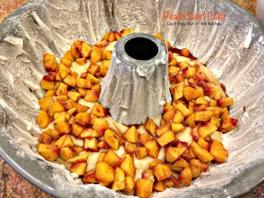 Peach Swirl Cake | Can't Stay Out of the Kitchen | this lovely #cake is fantastic. It has #peaches swirled into the batter and is glazed with vanilla icing. Perfect for company or potlucks. #dessert
