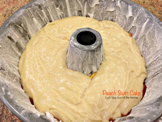 Peach Swirl Cake | Can't Stay Out of the Kitchen | this lovely #cake is fantastic. It has #peaches swirled into the batter and is glazed with vanilla icing. Perfect for company or potlucks. #dessert