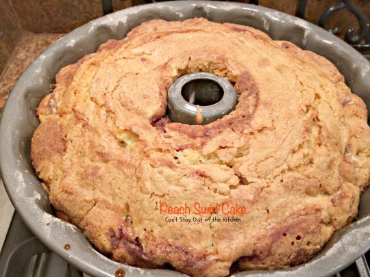 Peach Swirl Cake | Can't Stay Out of the Kitchen | this lovely #cake is fantastic. It has #peaches swirled into the batter and is glazed with vanilla icing. Perfect for company or potlucks. #dessert