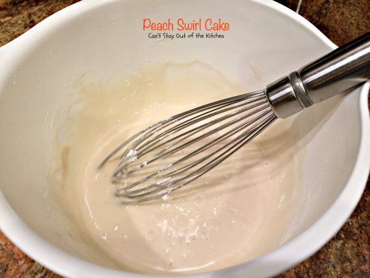 Peach Swirl Cake | Can't Stay Out of the Kitchen | this lovely #cake is fantastic. It has #peaches swirled into the batter and is glazed with vanilla icing. Perfect for company or potlucks. #dessert