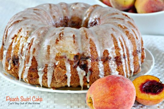 Peach Swirl Cake | Can't Stay Out of the Kitchen | this lovely #cake is fantastic. It has #peaches swirled into the batter and is glazed with vanilla icing. Perfect for company or potlucks. #dessert