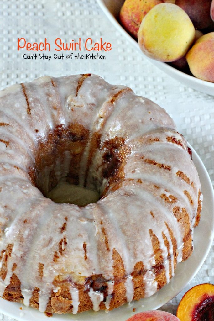 Peach Swirl Cake | Can't Stay Out of the Kitchen | this lovely #cake is fantastic. It has #peaches swirled into the batter and is glazed with vanilla icing. Perfect for company or potlucks. #dessert