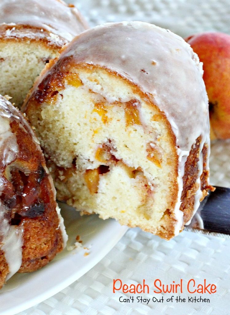 Peach Swirl Cake | Can't Stay Out of the Kitchen | this lovely #cake is fantastic. It has #peaches swirled into the batter and is glazed with vanilla icing. Perfect for company or potlucks. #dessert