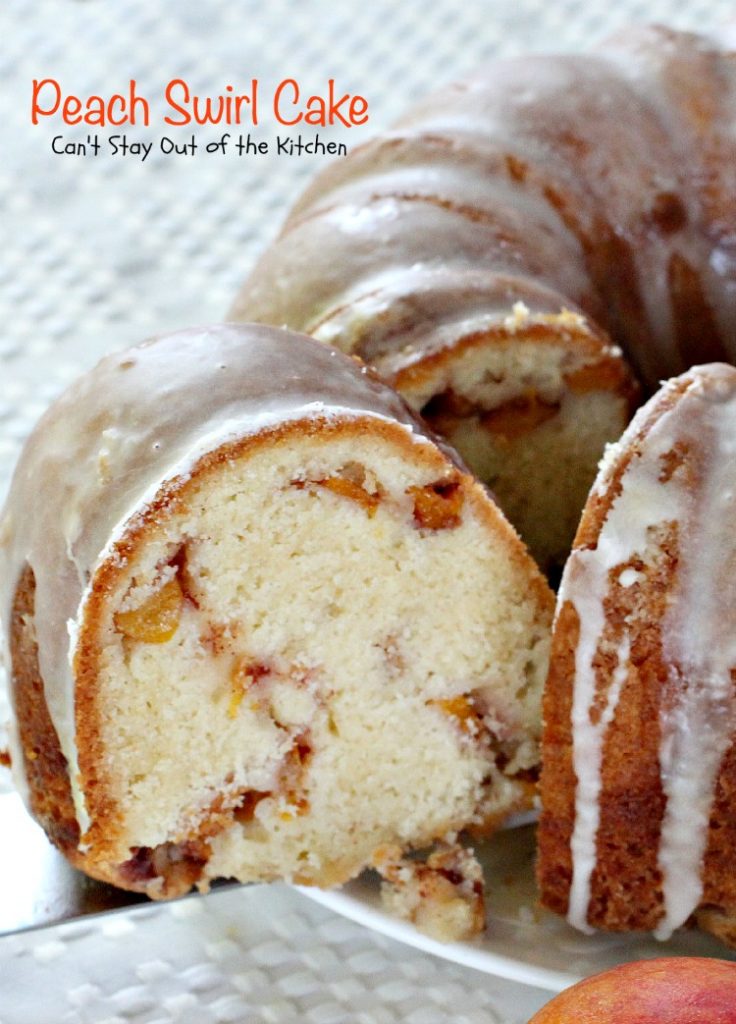 Peach Swirl Cake | Can't Stay Out of the Kitchen | this lovely #cake is fantastic. It has #peaches swirled into the batter and is glazed with vanilla icing. Perfect for company or potlucks. #dessert