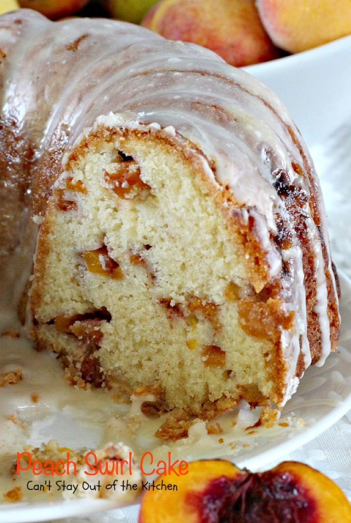 Peach Swirl Cake | Can't Stay Out of the Kitchen | this lovely #cake is fantastic. It has #peaches swirled into the batter and is glazed with vanilla icing. Perfect for company or potlucks. #dessert