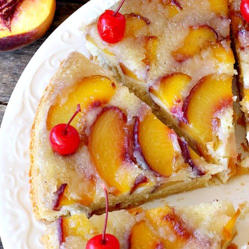 Peach Upside Down Cake | Can't Stay Out of the Kitchen | this spectacular #peach #cake is absolutely divine! It's festive, beautiful and so scrumptious you won't want to stop eating it! It has a luscious homemade #caramel sauce that's heavenly. Terrific for #holidays & company dinners. #peachdessert #upsidedowncake #CANbassador #WashingtonStateFruitCommission #WashingtonStateStoneFruitGrowers