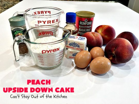 Peach Upside Down Cake | Can't Stay Out of the Kitchen | this spectacular #peach #cake is absolutely divine! It's festive, beautiful and so scrumptious you won't want to stop eating it! It has a luscious homemade #caramel sauce that's heavenly. Terrific for #holidays & company dinners. #peachdessert #upsidedowncake #CANbassador #WashingtonStateFruitCommission #WashingtonStateStoneFruitGrowers